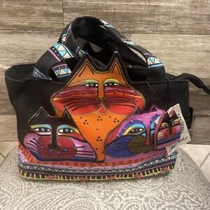 Laurel Burch Canvas Tote Bag Cat Art Beaded Shoulder Bag Black Multi Color